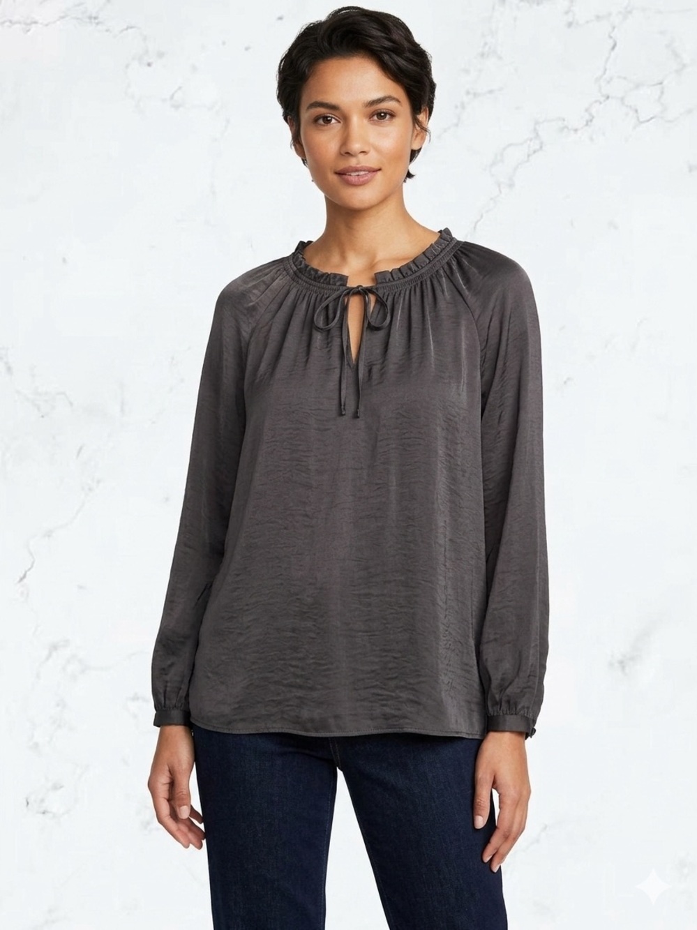 Old Navy Charcoal Tie-Front Long-Sleeve Blouse